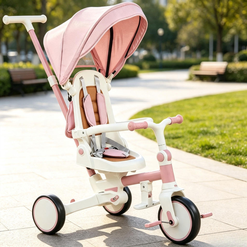 5‑in‑1 Grow‑With‑Kid Foldable Toddler Tricycle Stroller, Convertible Kids Ride‑On Trike with 5‑Point Safety Harness, Adjustable Push Handle & UV Protection Canopy, Compact Outdoor Toy for Family Outings, Ages 1‑3 Years Old