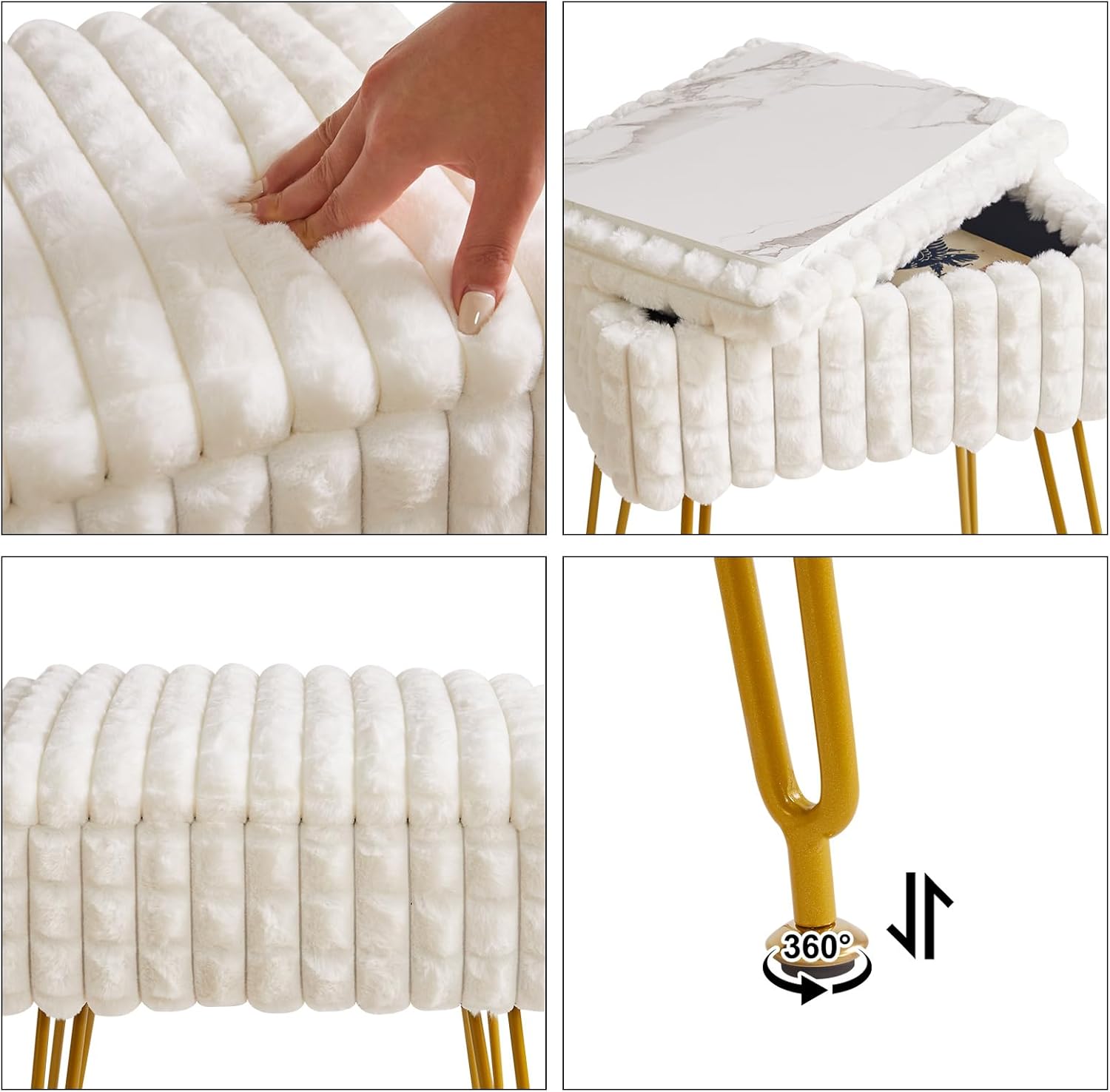White Rectangular Vanity Chair with Storage – Ottoman Footrest Stool with Anti-Slip Feet & Square Grid Design, Perfect for Bedroom and Makeup Room