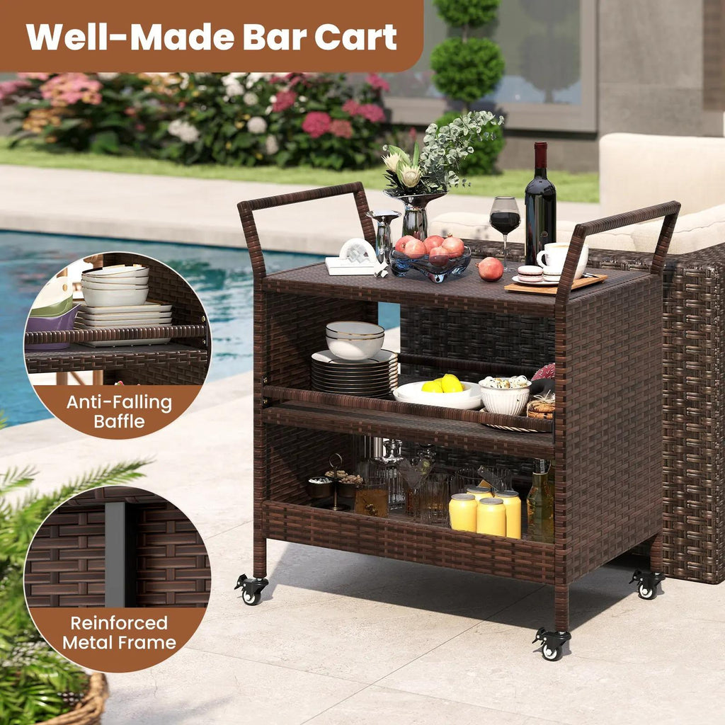 Outdoor Bar Cart, 3‑Tier Patio Rattan Serving Cart with Lockable Universal Wheels, Side Handles & Anti‑Fall Baffles, Versatile Rolling Storage Shelf for Backyard Poolside Porch Party Beverage Dinnerware Organizer