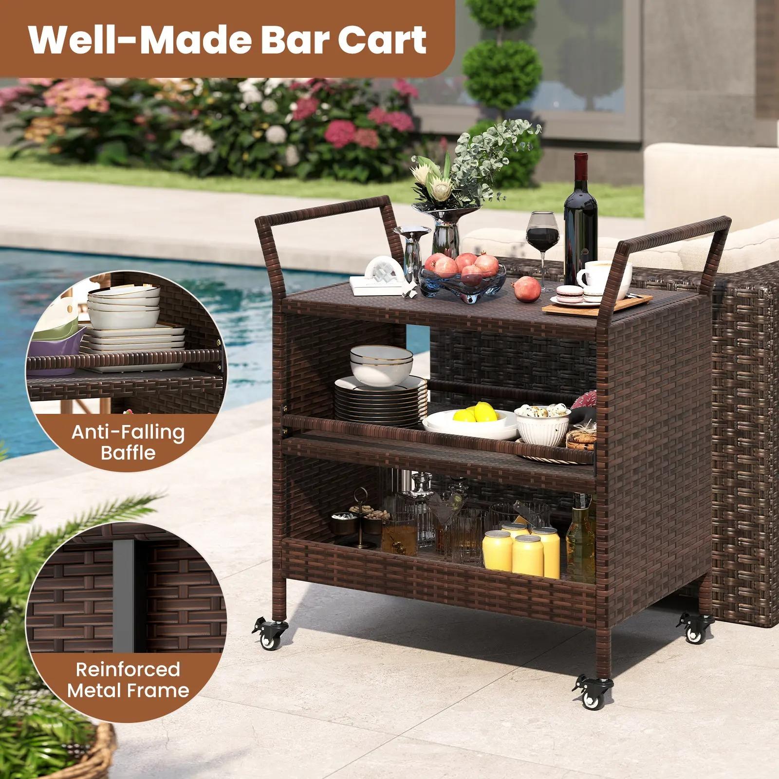 Outdoor Bar Cart, 3‑Tier Patio Rattan Serving Cart with Lockable Universal Wheels, Side Handles & Anti‑Fall Baffles, Versatile Rolling Storage Shelf for Backyard Poolside Porch Party Beverage Dinnerware Organizer