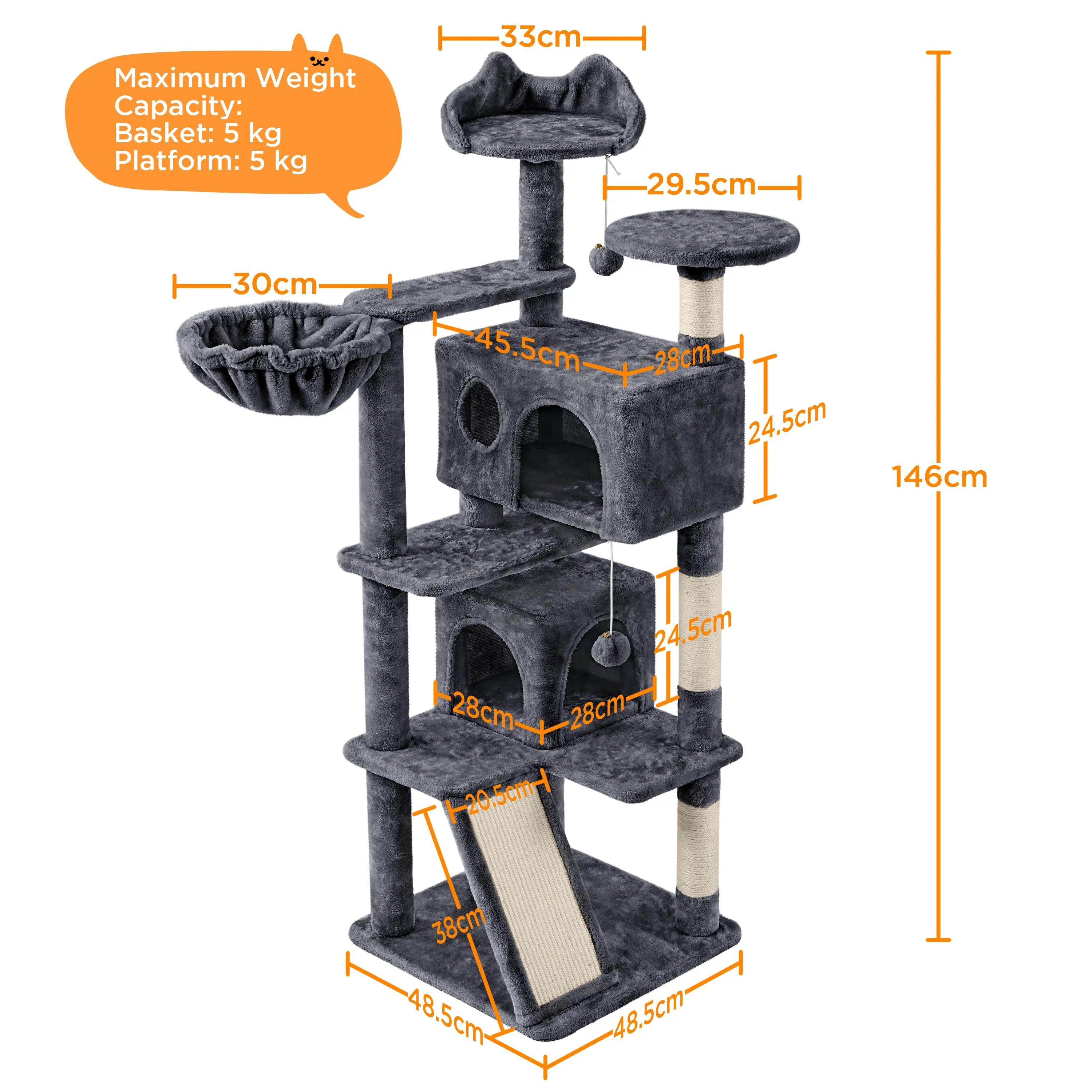 144.5cm Tall Multi-Level Cat Tree with Sisal Scratching Posts, 2 Cozy Condos & Hanging Balls, Large Climbing Tower for Active Kittens and Small Cats, Indoor Play House for Exercise and Rest [Plus A Free Gift]
