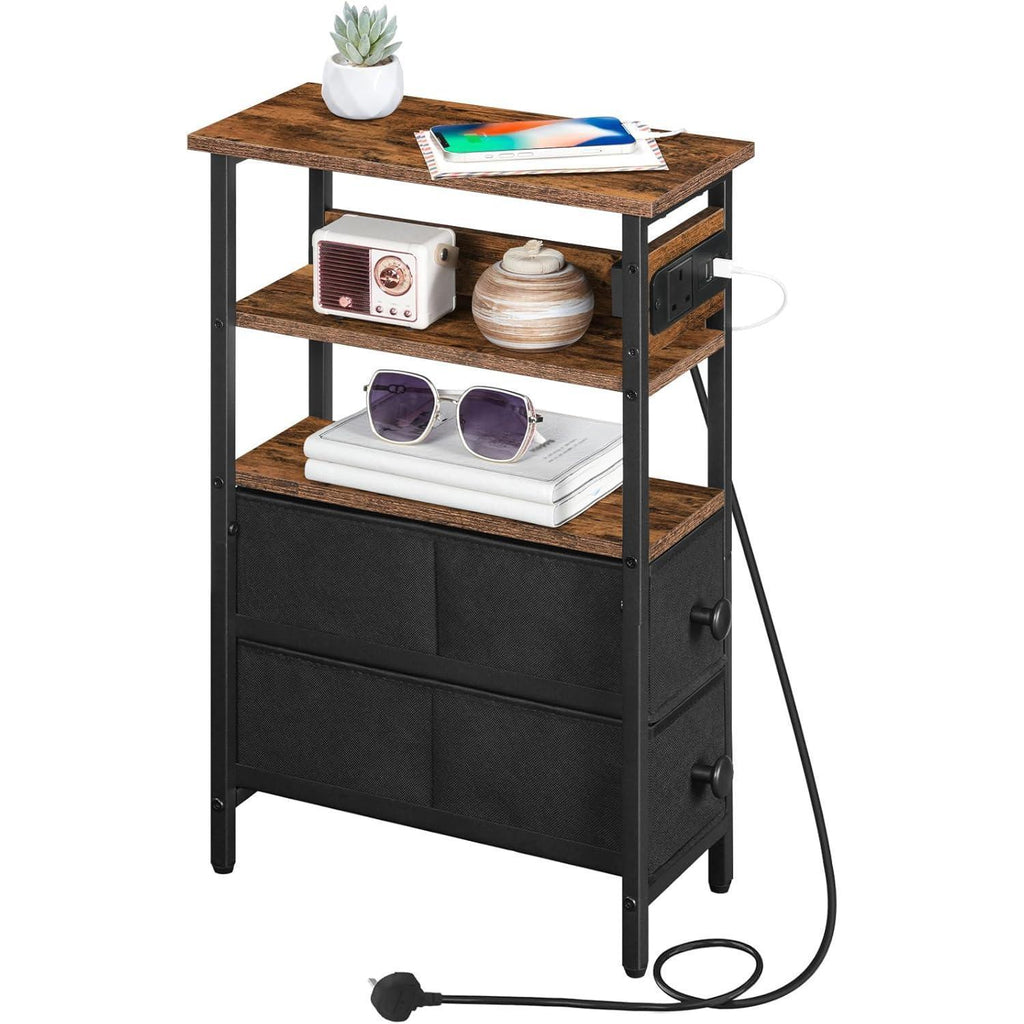 Side Table with Charging Station, Narrow Side Table with 2 Non-Woven Drawers, USB Ports and Power Outlet, 40 x 18 x 60 cm Slim Bedside Table for Small Space, Rustic Brown and Black