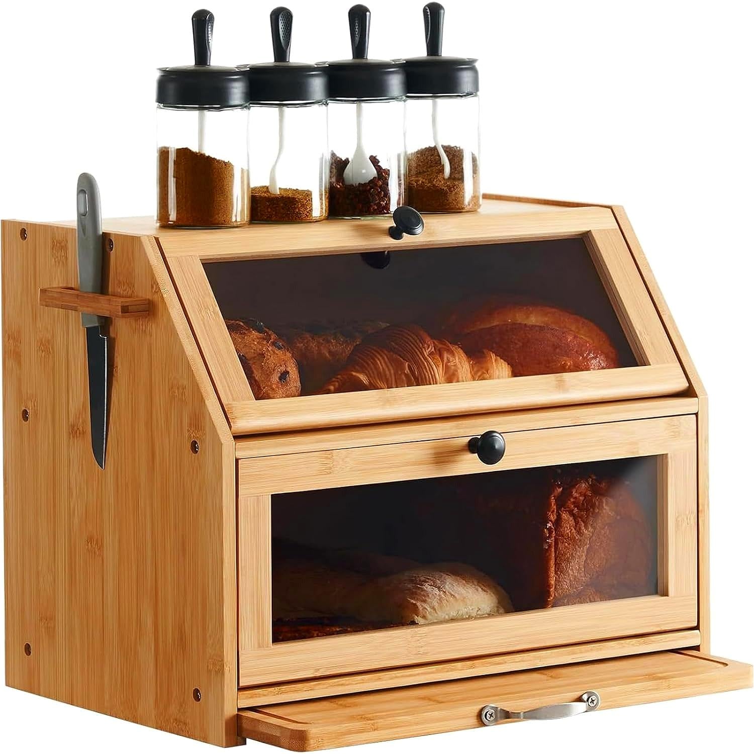 Large Double Layer Bamboo Bread Bin, Multi-Functional Bread Storage Box with Cutting Board & Transparent Window, Countertop Organizer for Bread, Salt, Pepper & Jam,