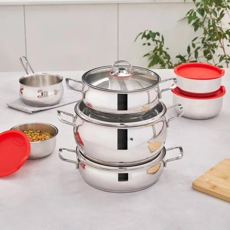 Store 13-Piece Stainless Steel Cookware Set, Even Heat Distribution, Long-Lasting Heat Retention Time-Saving Durable Kitchen Pots & Pans, Heat-Resistant Glass Lids, Induction Compatible, Dishwasher Safe Silver Cooking Ware Set