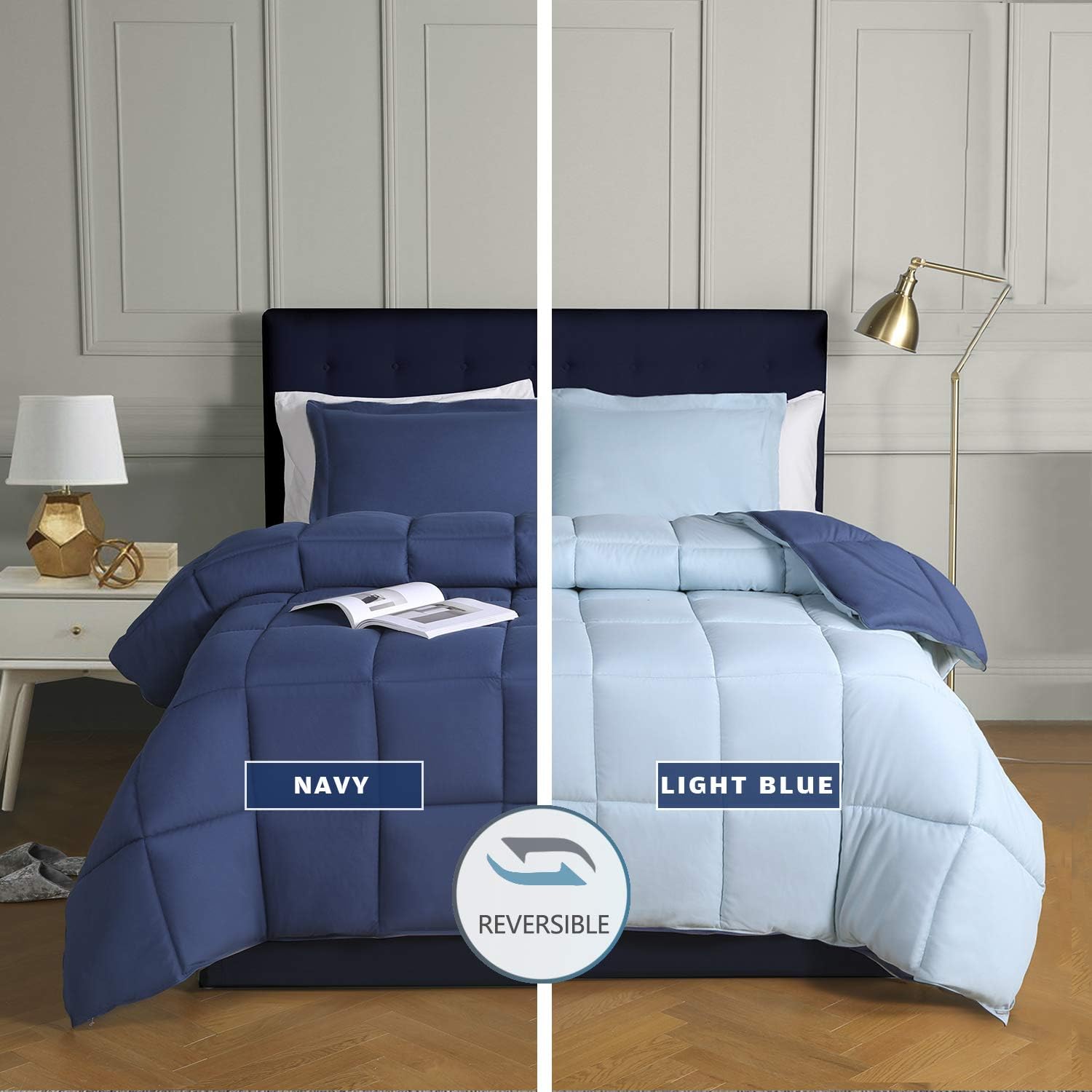 【NS】O MORE DUVET COVERS! Washable King Size Coverless Duvet - Reversible & Hypoallergenic, 10.5 Tog All-Season Comfort - 100% Down Alternative Fill (Plush, Breathable) with Stay-Put Corner Tabs - 3-Piece Set, Navy Blue - 240cm x 220cm