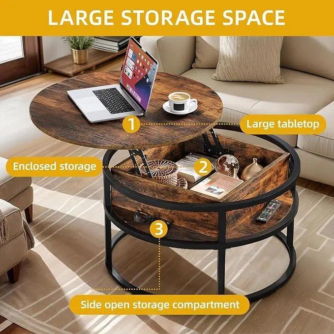 Round Lift Top Coffee Table for Living Room, Rustic Wooden Center Table with Hidden Storage Compartment & Side Open Shelves, Multifunctional Lift‑Up Dining Work Table for Small Space Apartment Home Office