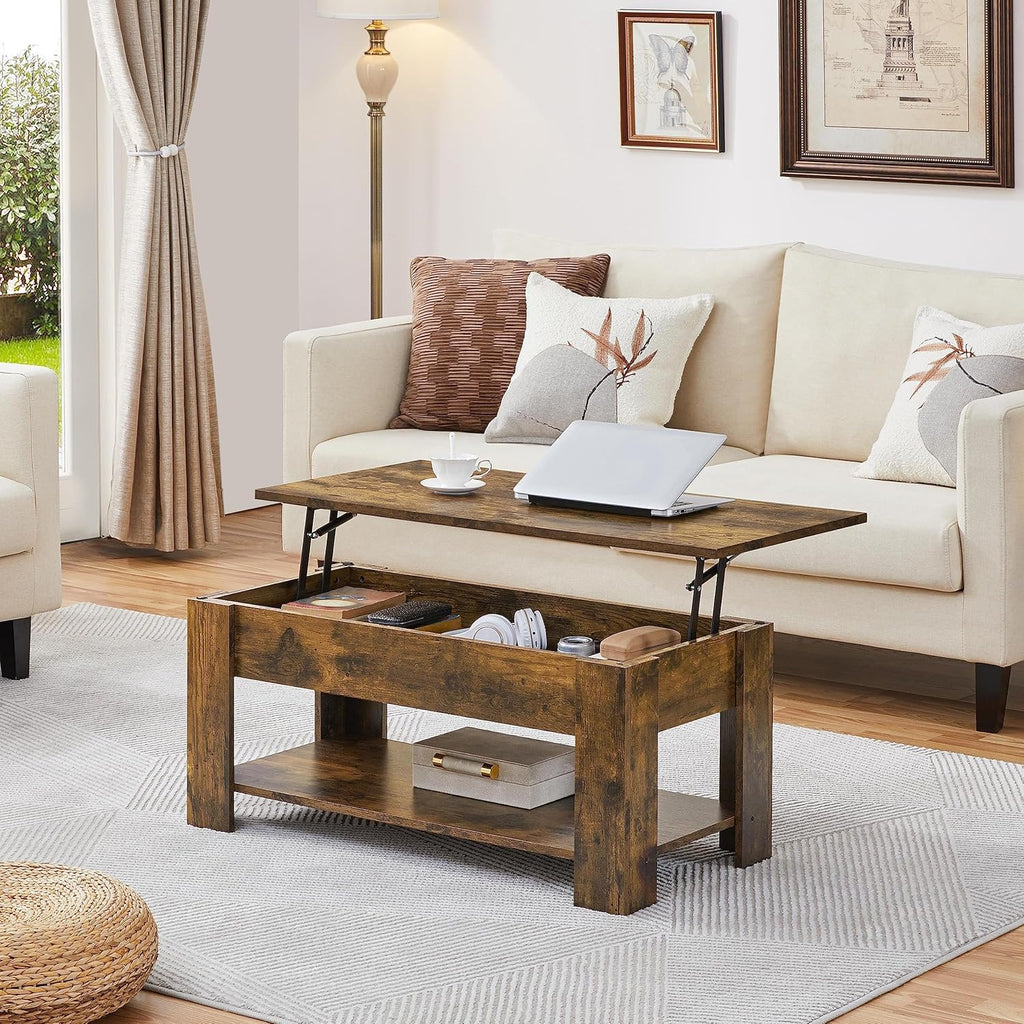 【NS】Lift Up Coffee Table, Wooden Lifting Tea Table with Hidden Storage Drawer and Open Shelf for Living Room/Reception, Rustic Brown, 98x50x(42-56) cm