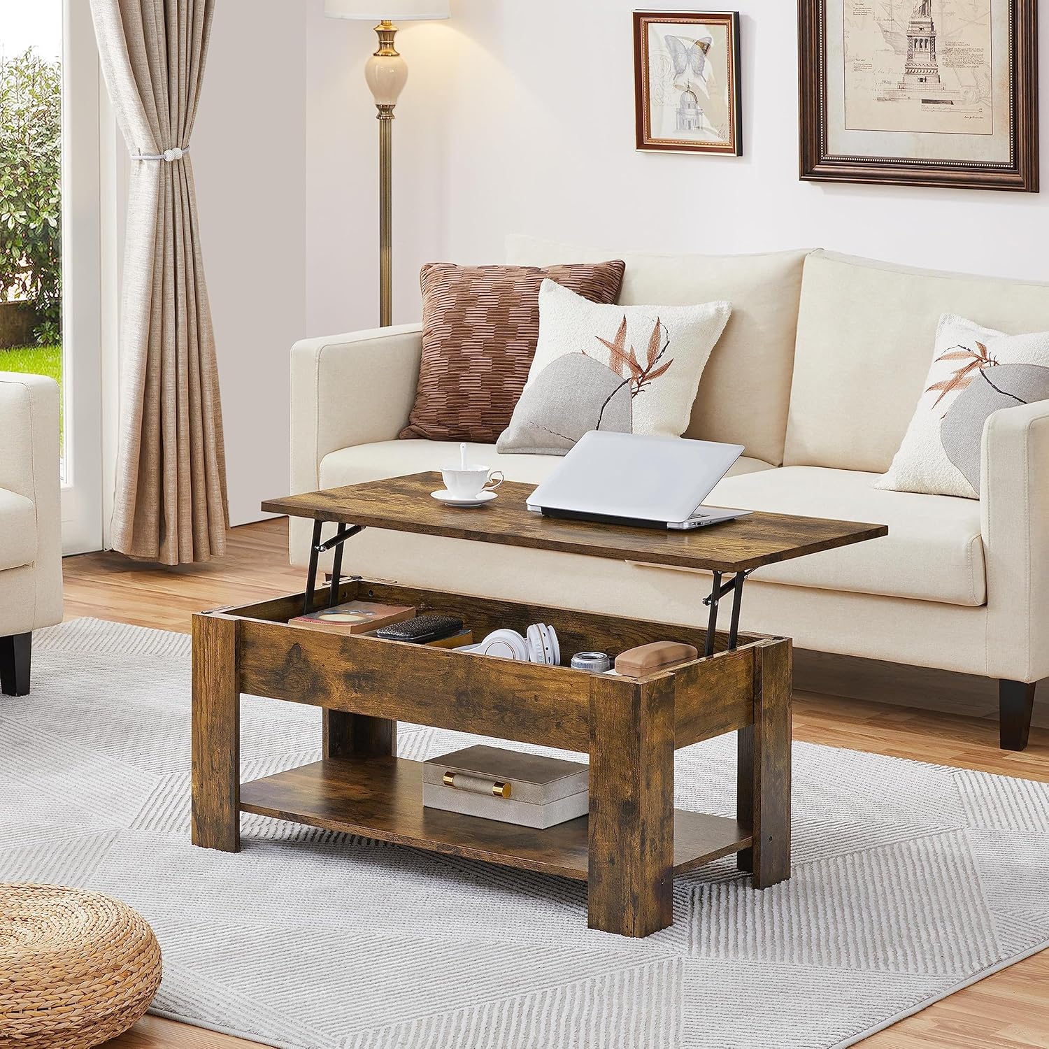 【NS】Lift Up Coffee Table, Wooden Lifting Tea Table with Hidden Storage Drawer and Open Shelf for Living Room/Reception, Rustic Brown, 98x50x(42-56) cm