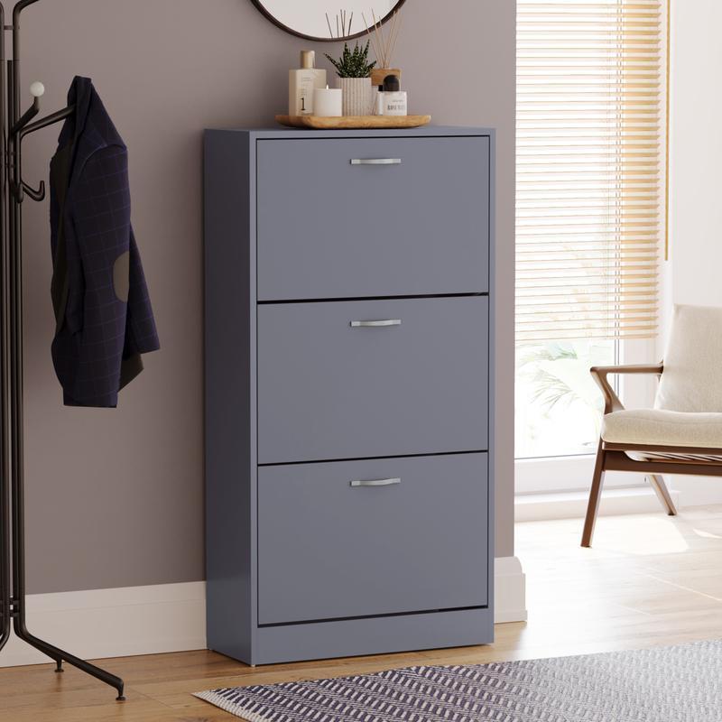 3 Drawer Shoe Cabinet Cupboard Storage Organiser Pull-Down Wooden Hallway Furniture Unit with Stainless Steel Handles Compact Durable Space-Saving Racks