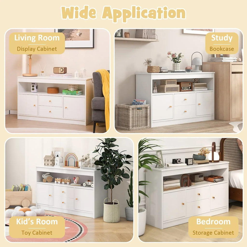 Wooden Kids Toy Storage Organizer, Children’s Bookcase with Open Shelf, 2 Cabinets & 2 Pull‑Out Drawers, Anti‑Tip Toy Books Storage Cabinet for Playroom, Bedroom, Nursery & Daycare`