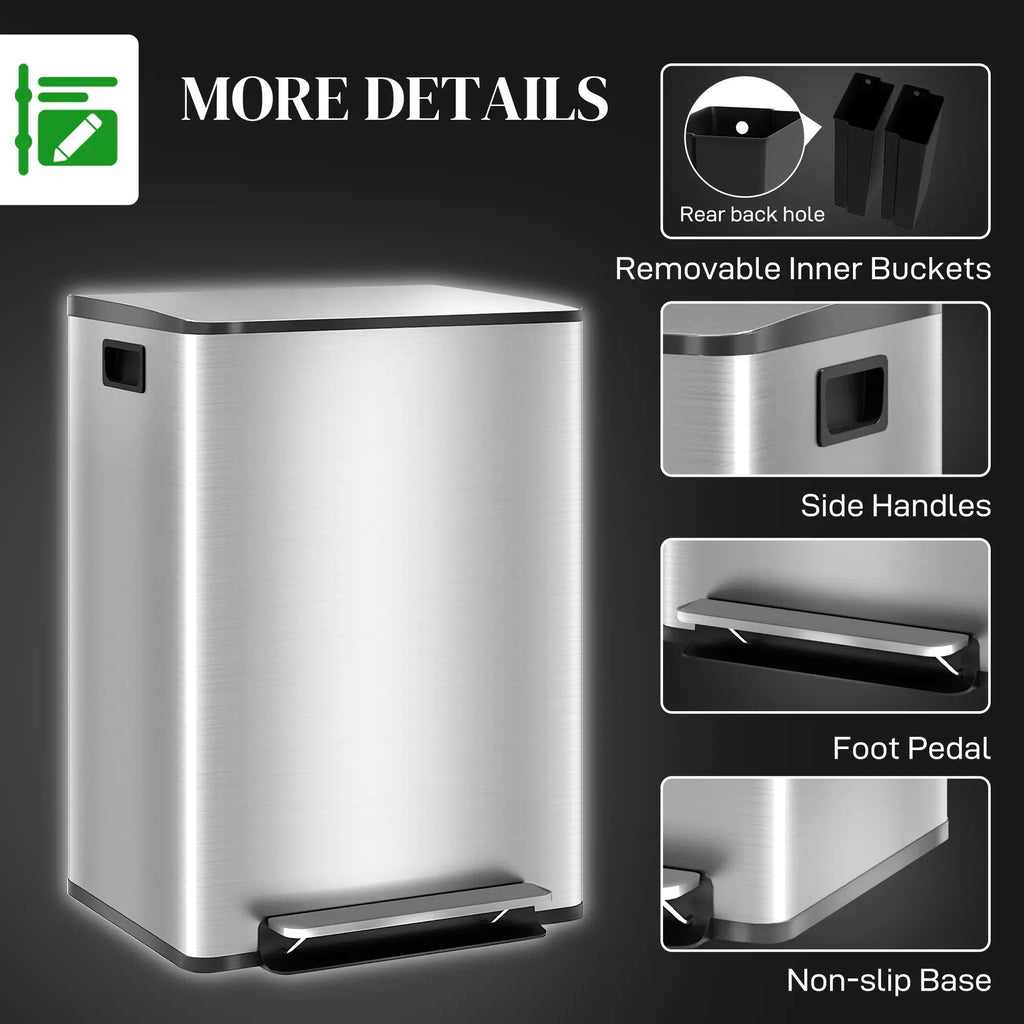 Dual Kitchen Recycling Bin, Stainless Steel Double Pedal Trash Bin with Soft‑Close Lid, Removable Inner Buckets with Handles, 2‑Compartment Sorting Waste Bin for Kitchen, Home, Apartment & Office Use
