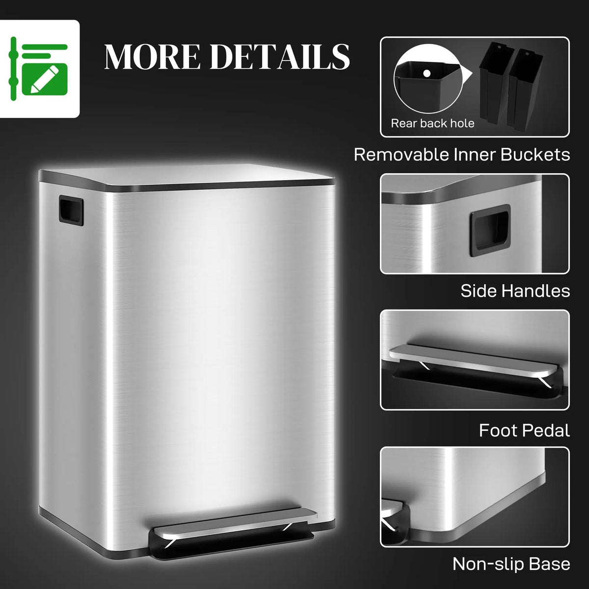 Dual Kitchen Recycling Bin, Stainless Steel Double Pedal Trash Bin with Soft‑Close Lid, Removable Inner Buckets with Handles, 2‑Compartment Sorting Waste Bin for Kitchen, Home, Apartment & Office Use