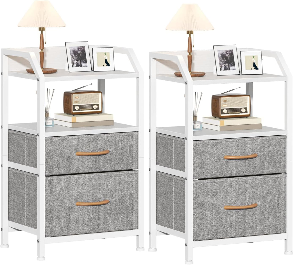 Set of 2 Rustic Industrial Nightstands, Wood and Metal Bedside Table with Drawers & 2 Open Storage Shelves, Multi-Purpose End Table Sofa Side Table, Bedside Organizer Cabinet for Bedroom Living Room Small Spaces