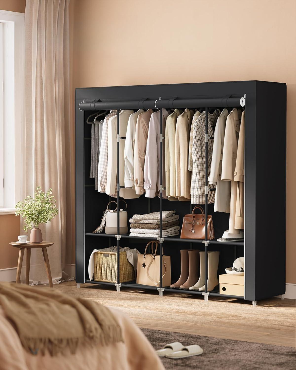 Large Portable Wardrobe Closet - 170x45x167cm | 4 Hanging Rails, Shelves & 4 Side Pockets | Heavy Duty Garment Organizer | For Bedroom, Living Room | Black