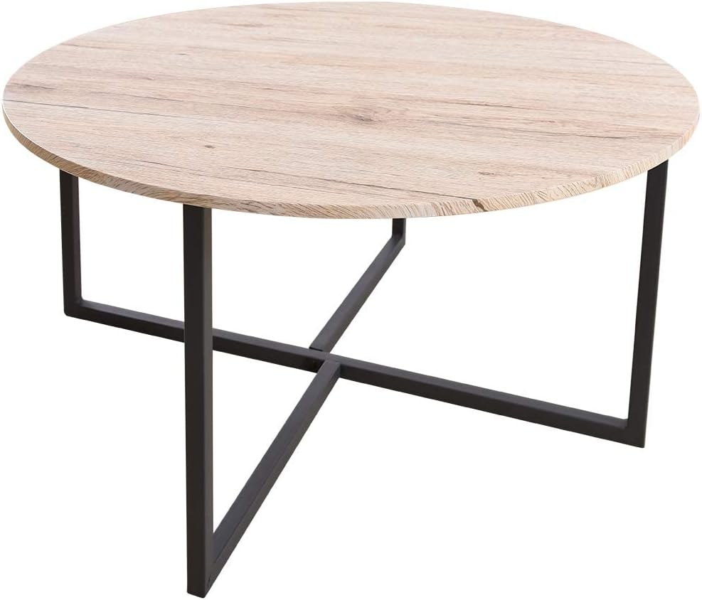 Round Coffee Table for Living Room - Modern Black & White Tea Table with Sturdy Metal Legs, Compact Design