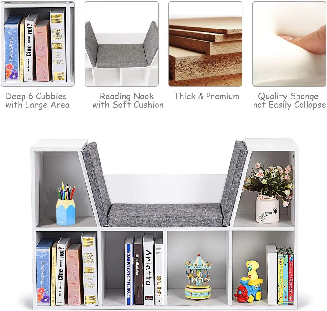 COSTWAY 6-Cube Kids Bookcase, Wooden Display Shelving Unit Organizer with Cushioned Reading Nook, Multi-Functional Storage Shelf Cabinet