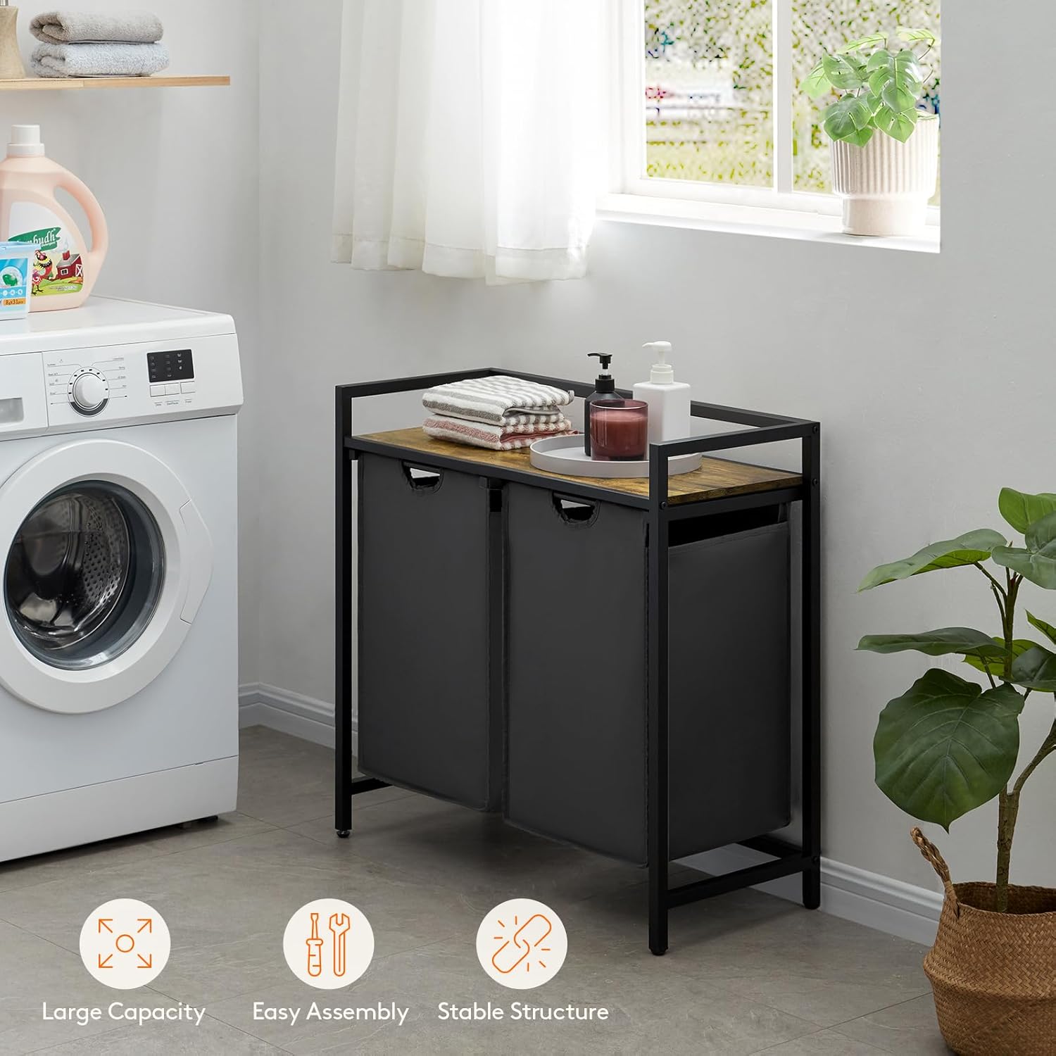 【NS】Laundry Hamper 2 Sections, 95 L Laundry Basket with Shelf and Double Pull-Out Removable Bags, Laundry Sorter for Laundry Room Bedroom Bathroom Dorm, Black