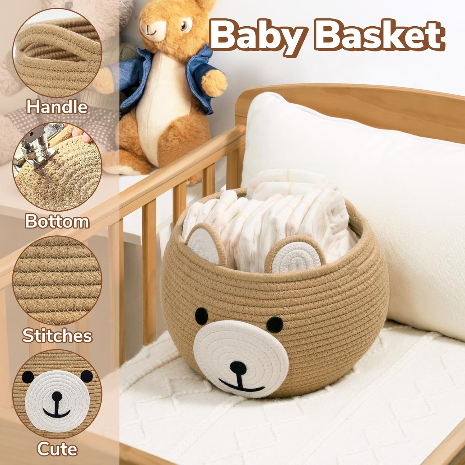 Storage Basket, Toy Storage, Baby Basket for Nursery, Bear Gift Baskets for Kids,Small Empty Baby Shower Baskets with Handles, 26.6 x 21.6 cm, Light Brown