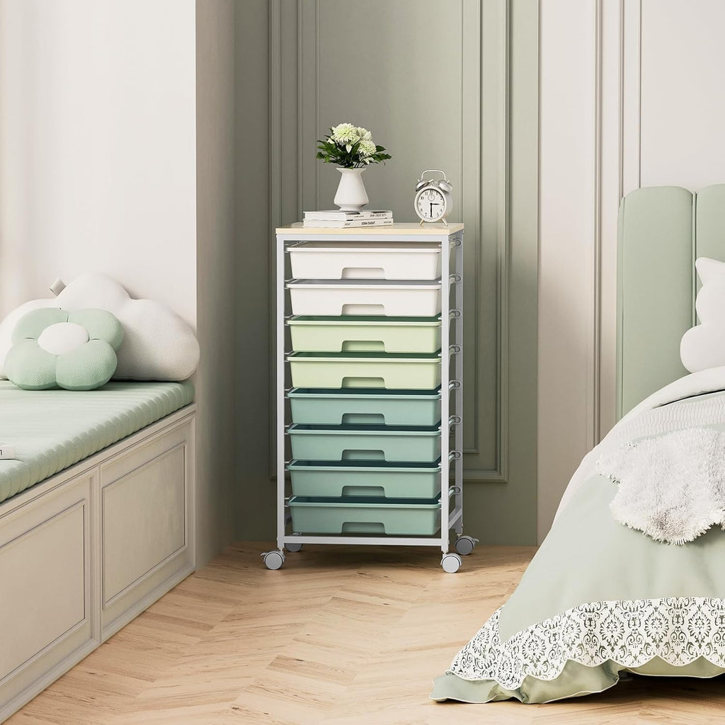 Multipurpose 8 Drawer Rolling Storage Trolley, Mobile Plastic Drawer Organizer Cart with Lockable Wheels, Versatile Utility Storage Unit for Home, Bedroom, Classroom and Beauty Salon
