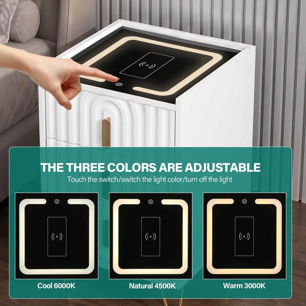 White & Gold Smart Nightstand with Fluted Drawer Fronts, Wireless Charging, Illuminated Glass Top, 2-Drawer Bedside Table [Plus A Free Gift]
