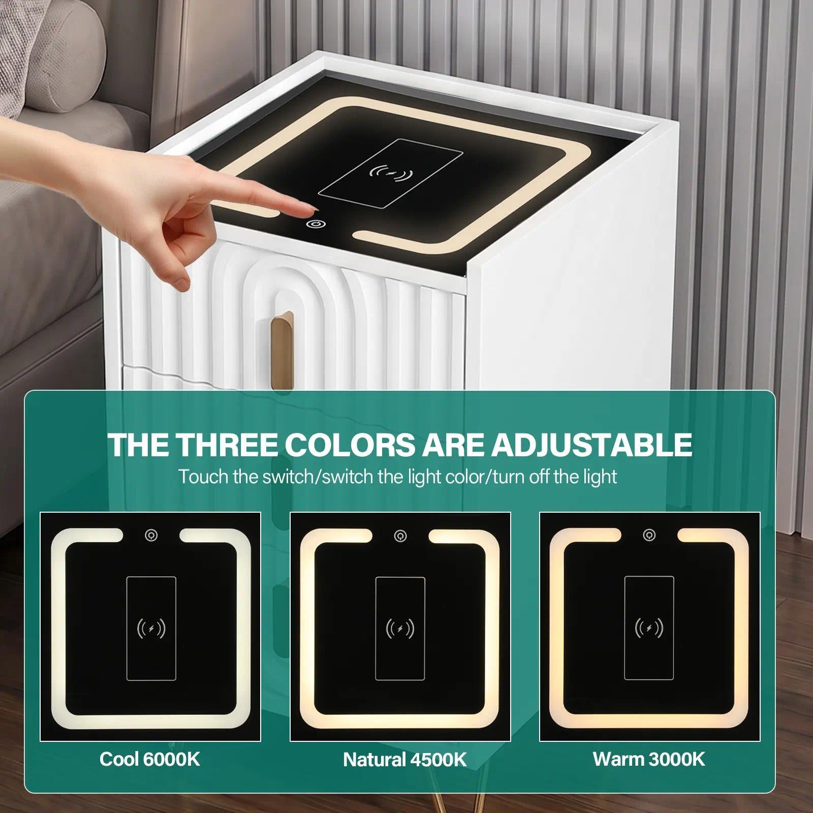 White & Gold Smart Nightstand with Fluted Drawer Fronts, Wireless Charging, Illuminated Glass Top, 2-Drawer Bedside Table [Plus A Free Gift]