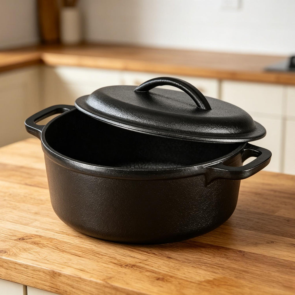 Round Pre-Seasoned Cast Iron Dutch Oven Pot with Lid and Dual Handles Heavy-Duty Oven Safe up to 260 C Large 6.62 L Black for Versatile Cooking