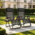 Zero Gravity Reclining Chairs Set of 2, Folding Sun Loungers with Tray, Adjustable Headrest, 110kg Capacity Each, Outdoor Patio Garden Furniture [Plus A Free Gift]