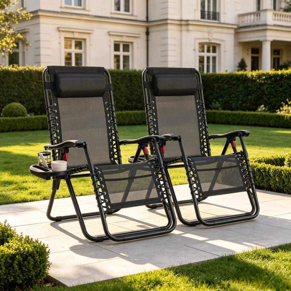 Zero Gravity Reclining Chairs Set of 2, Folding Sun Loungers with Tray, Adjustable Headrest, 110kg Capacity Each, Outdoor Patio Garden Furniture [Plus A Free Gift]