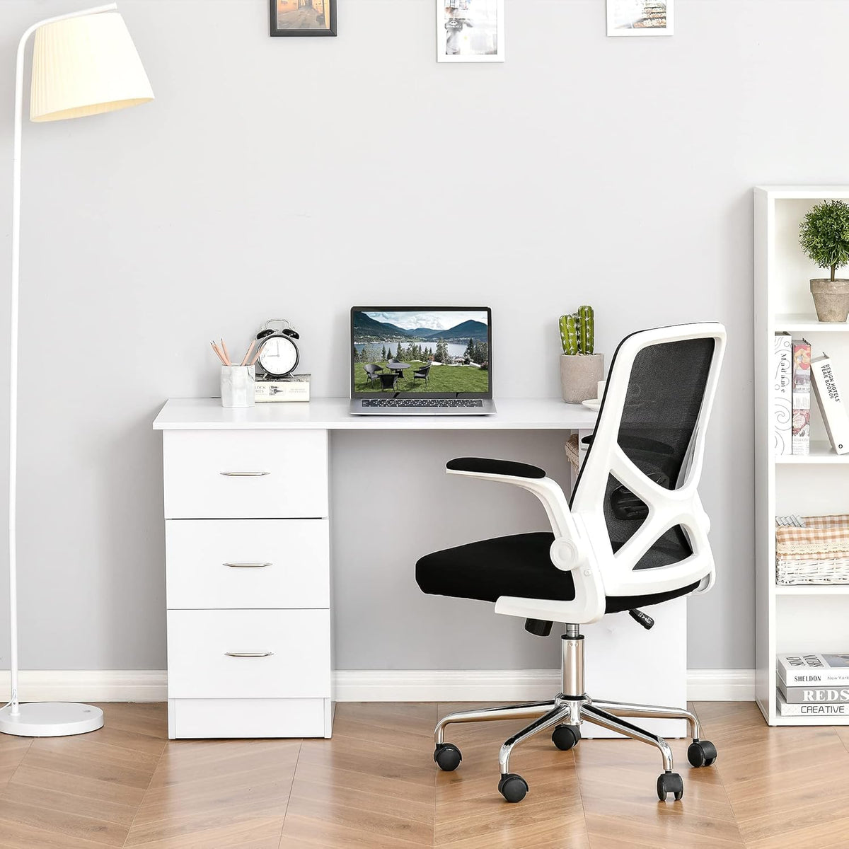 【NS】Computer Desk, Writing Table, PC Workstation with 3 Storage Shelves and Drawers, Silver Handle, for Home Office, White