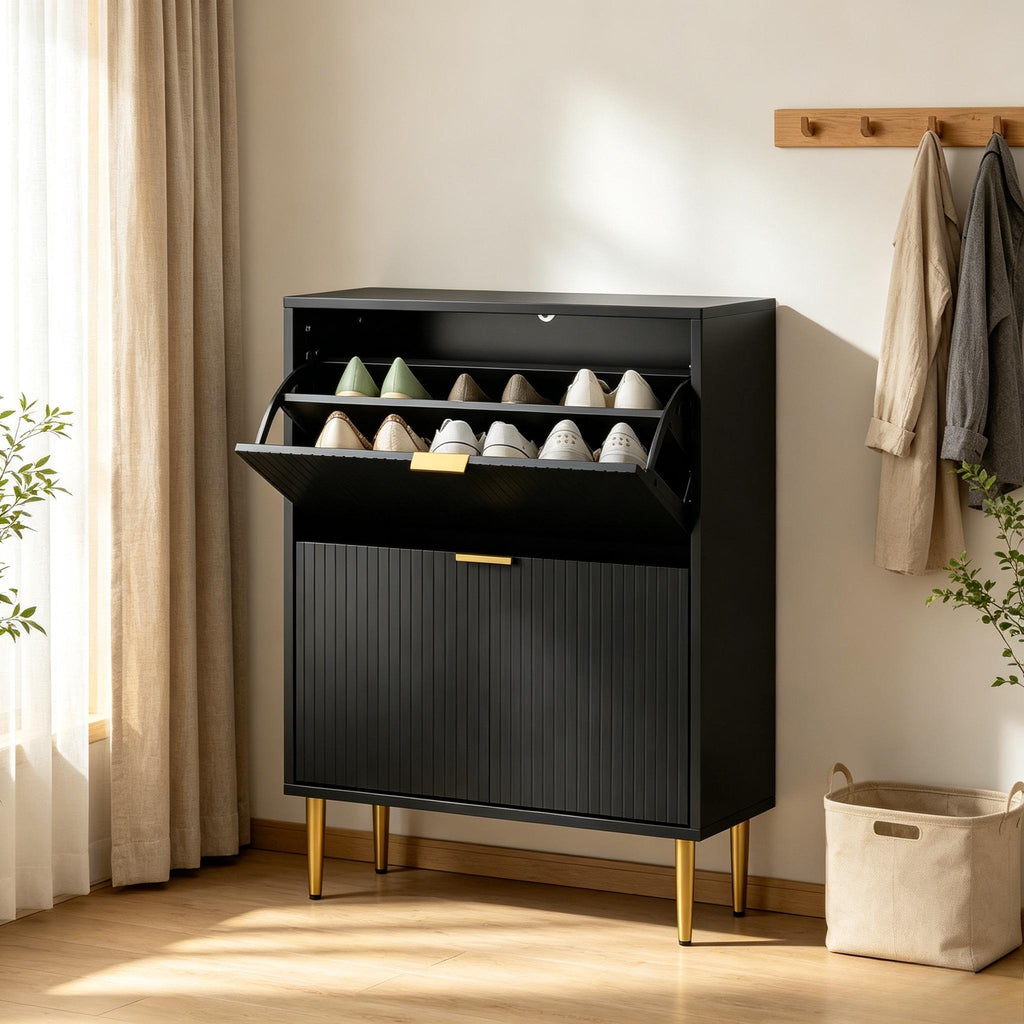 Narrow Shoe Cabinet with 2 Flip Drawers, Modern Slim Shoe Storage Cabinet with Fluted Doors, Gold Handles & Adjustable Shelves, Freestanding Shoe Organizer for Hallway Entryway, Holds 12 Pairs of Shoes