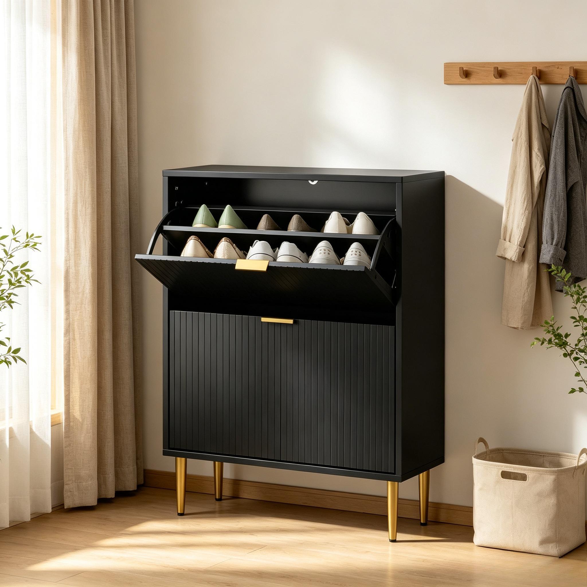Narrow Shoe Cabinet with 2 Flip Drawers, Modern Slim Shoe Storage Cabinet with Fluted Doors, Gold Handles & Adjustable Shelves, Freestanding Shoe Organizer for Hallway Entryway, Holds 12 Pairs of Shoes