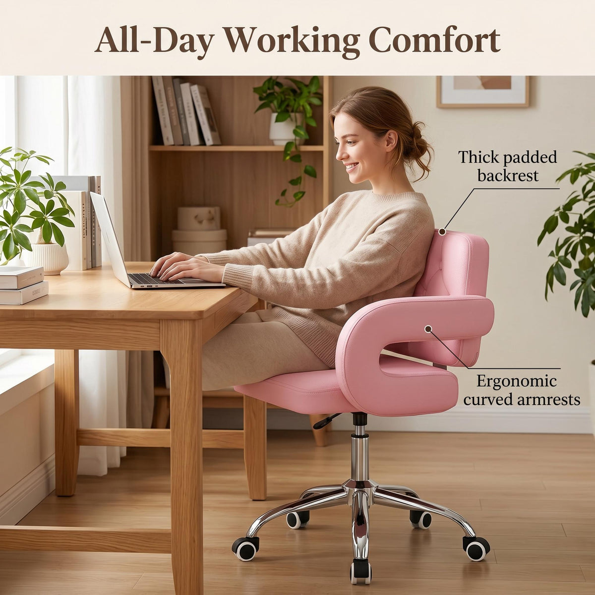 Faux Leather Swivel Office Chair, Height Adjustable Ergonomic Desk Chair, Vanity Chairs Lumbar Support and C-Armrests for Office Bedroom Living Room, Pink