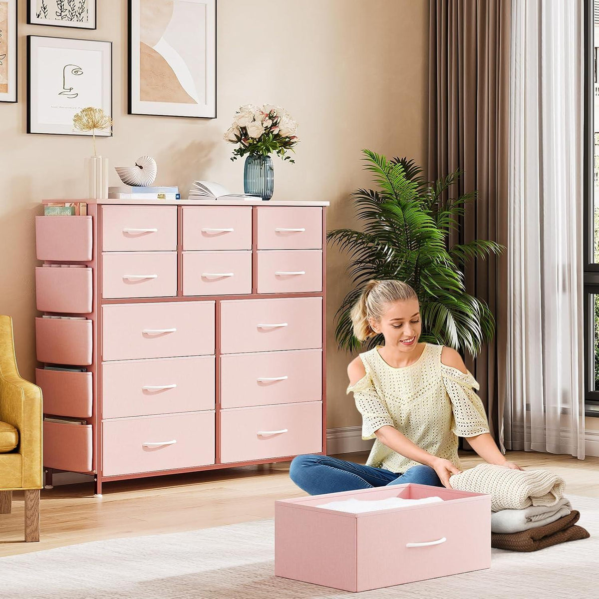 12‑Drawer Fabric Dresser for Bedroom, Chest of Drawers Storage Organizer with Side Pockets & Hooks, Sturdy Steel Frame Dresser Cabinet with Waterproof Wood Top, Multi‑Purpose Storage Unit for Closet, Hallway, Living Room Home Organization