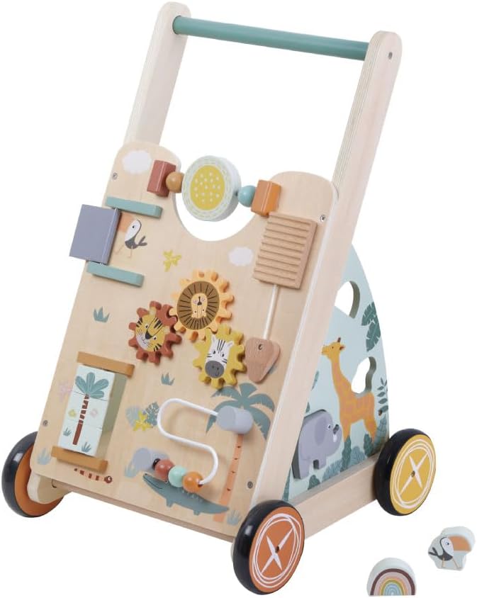 Wooden Baby Push‑Along Activity Walker, Toddler Learning Walker with Multi‑Sensory Early Developmental Toys, Ideal for Boys and Girls, 18 Months+