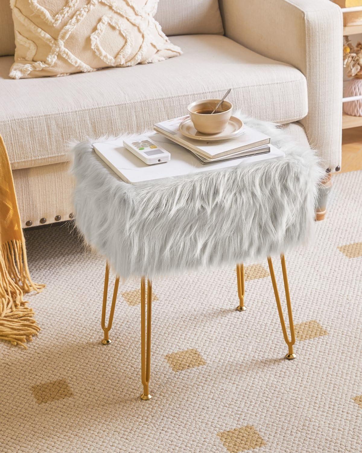 Rectangular Faux Fur Vanity Stool with Storage, Furry Makeup Chair Ottoman, Soft Padded Seat, Round Footrest Footstools with 4 Metal Legs, for Living Room Bedroom Entryway,