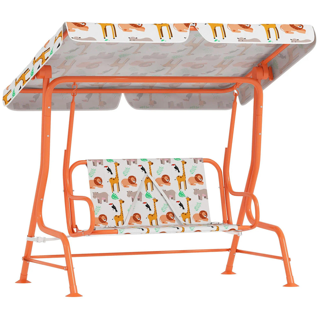 2‑Seater Kids Patio Swing Bench, Orange Weather‑Resistant Swing Chair with Adjustable Canopy & Safety Seat Belts, EN71 Certified Indoor Outdoor Swing Seat for Garden Patio Playroom Backyard