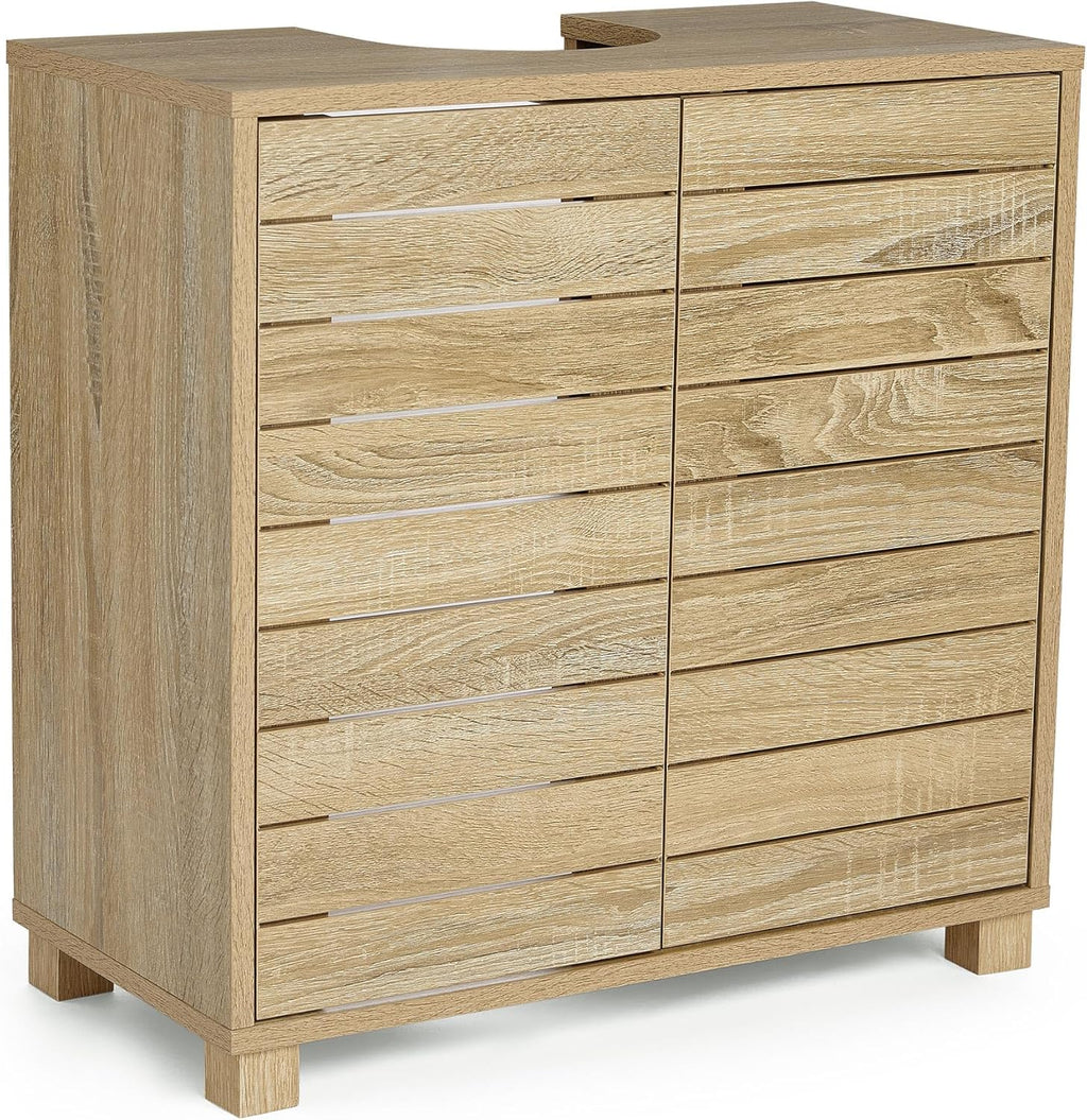 `Freestanding Under‑Sink Bathroom Cabinet, Oak Wood‑Effect Handleless Storage Cupboard with 2 Adjustable Inner Shelves, Multi‑Purpose Below Sink Organizer for Bathroom Vanity`