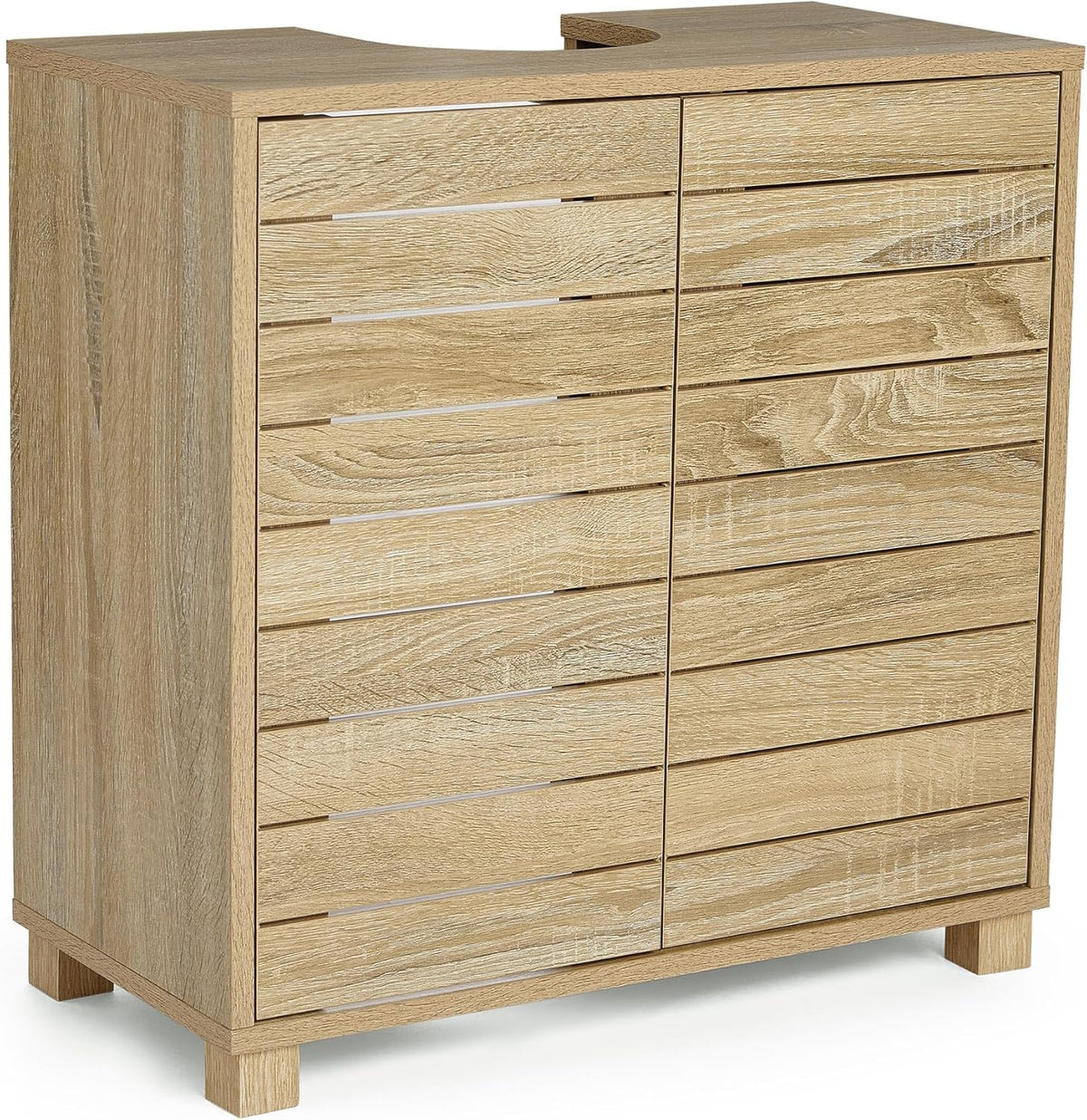 `Freestanding Under‑Sink Bathroom Cabinet, Oak Wood‑Effect Handleless Storage Cupboard with 2 Adjustable Inner Shelves, Multi‑Purpose Below Sink Organizer for Bathroom Vanity`