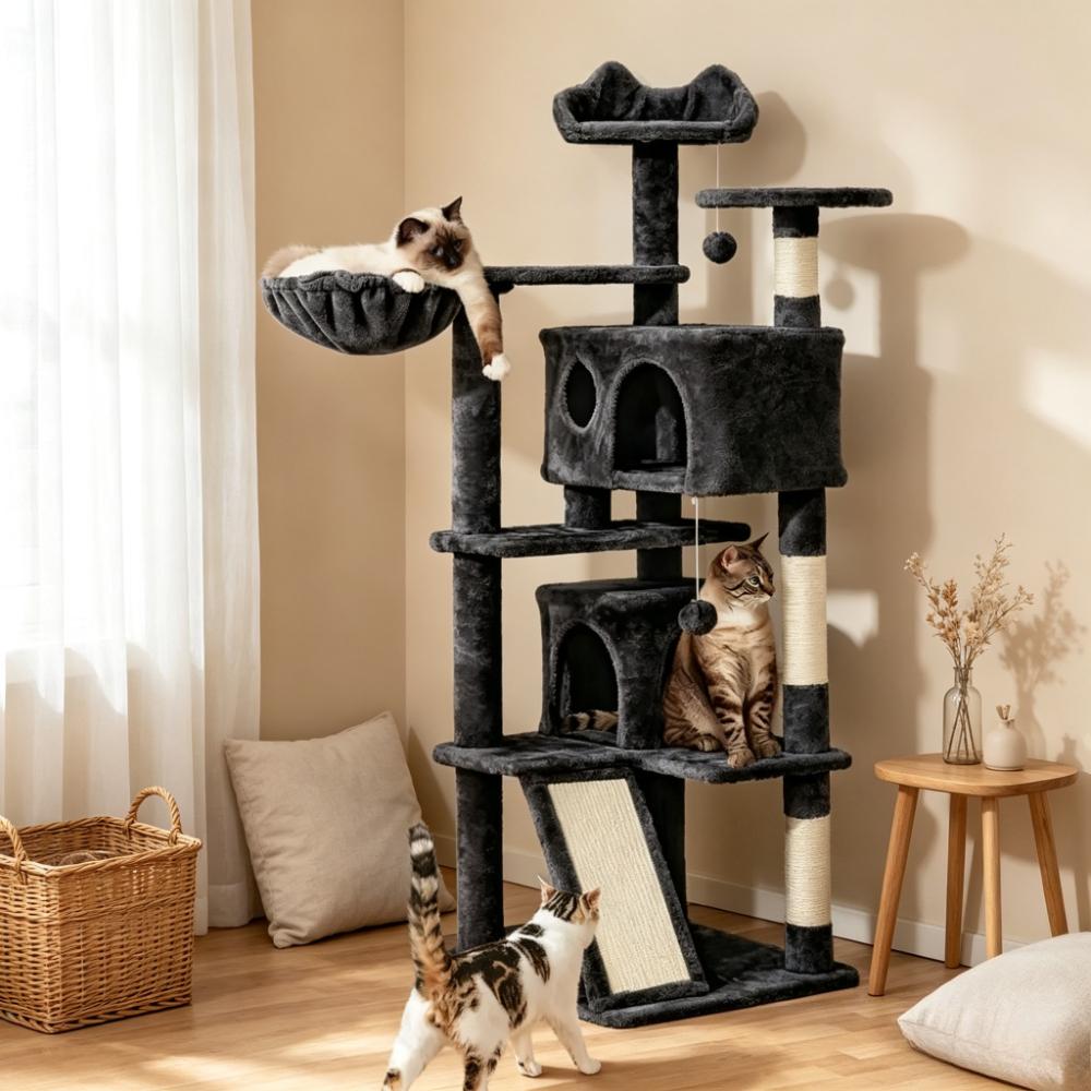 144.5cm Tall Multi-Level Cat Tree with Sisal Scratching Posts, 2 Cozy Condos & Hanging Balls, Large Climbing Tower for Active Kittens and Small Cats, Indoor Play House for Exercise and Rest [Plus A Free Gift]