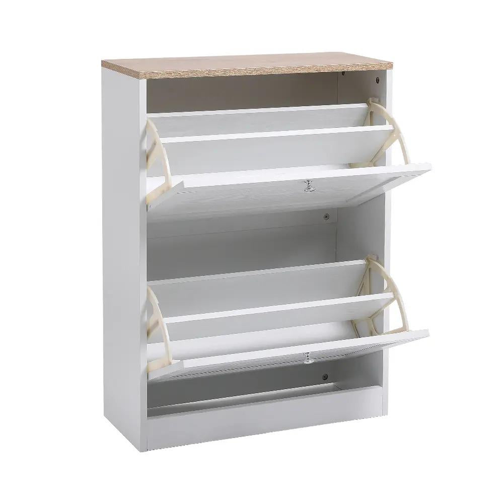 58cm Wide Shoe Storage Cabinet with 2 Flip‑Down Drawers, White Wooden Narrow Shoe Organizer, Slim Hidden Footwear Storage Cabinet for Entryway Hallway Living Room, Holds Up to 12 Pairs of Shoes