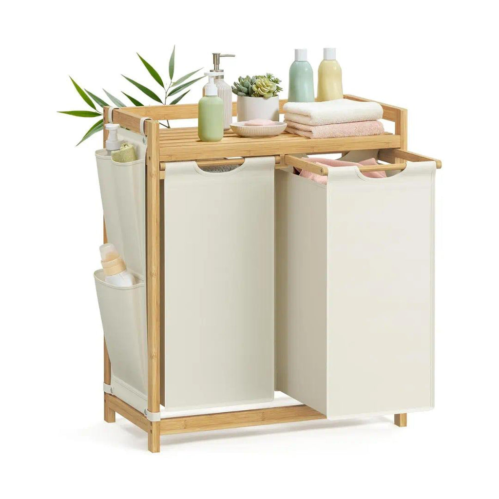 `Cream‑White Compartment Bamboo Laundry Sorter Hamper, Laundry Storage Organizer with Top Shelf, Removable Laundry Bags & Side Storage Pockets for Bathroom & Laundry Room`