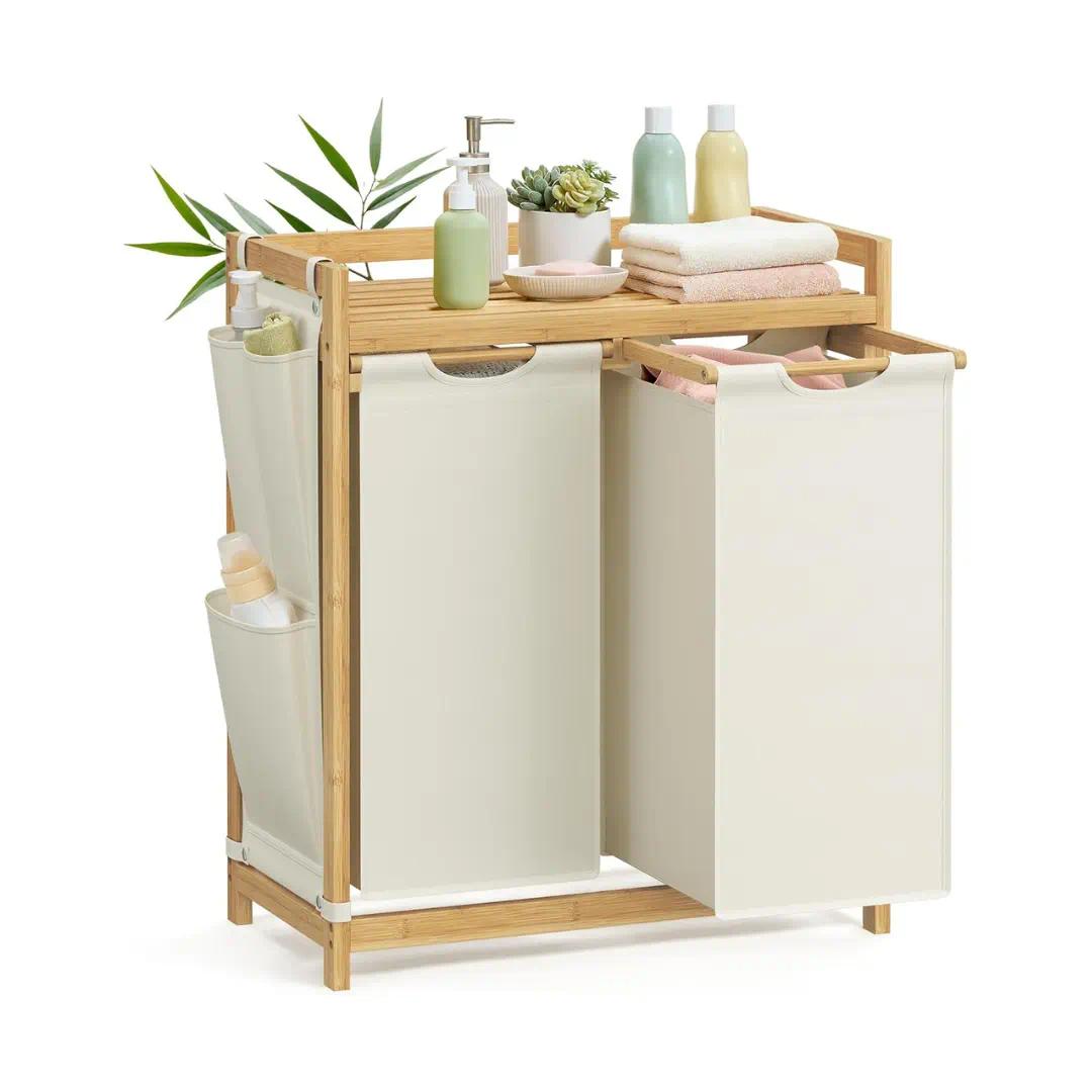 `Cream‑White Compartment Bamboo Laundry Sorter Hamper, Laundry Storage Organizer with Top Shelf, Removable Laundry Bags & Side Storage Pockets for Bathroom & Laundry Room`