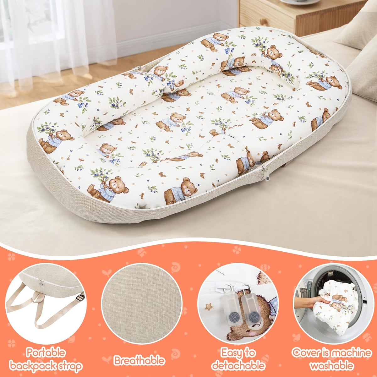 Portable Newborn Bassinet Cot – 2-in-1 Baby Nest Lounger Converts to Travel Backpack for Infant 0-12 Months, Essential Newborn Baby Gift [Plus A Free Gift]
