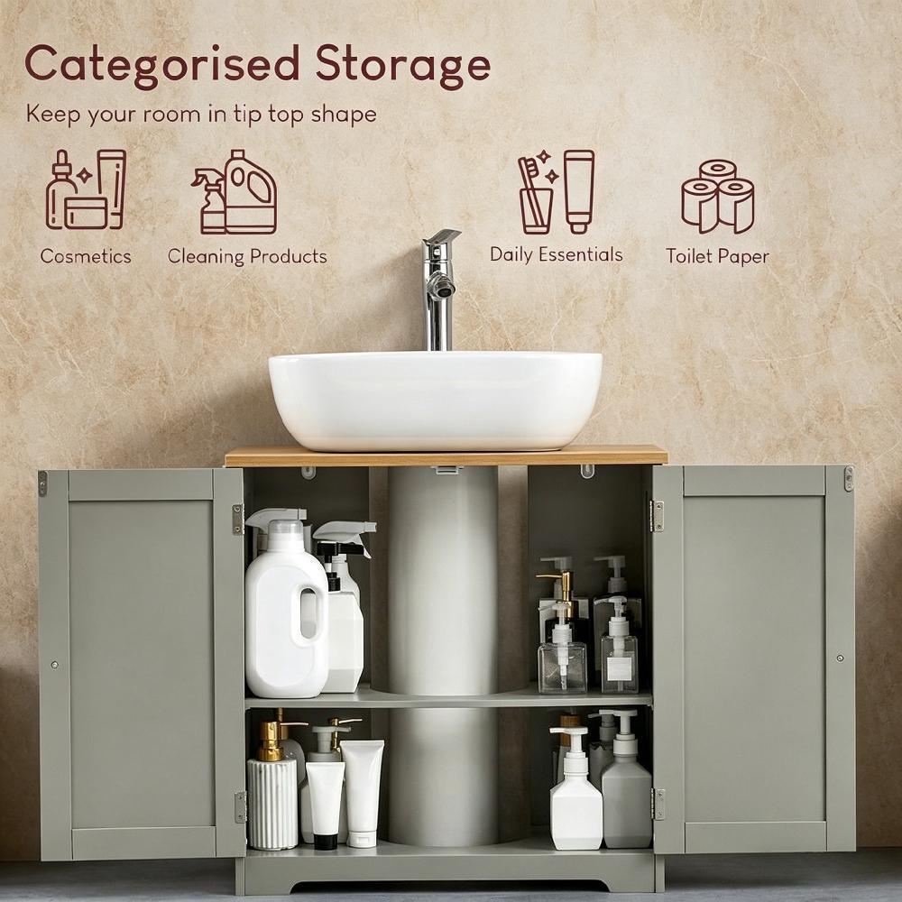 Grey Freestanding 2-Door Under-Sink Cabinet, Space-Saving Storage with Adjustable Shelves, Anti-Tip Kit & Sink Cut-Out, Modern Small Bathroom Unit, H60 x W60 x D30 cm [Plus A Free Gift]
