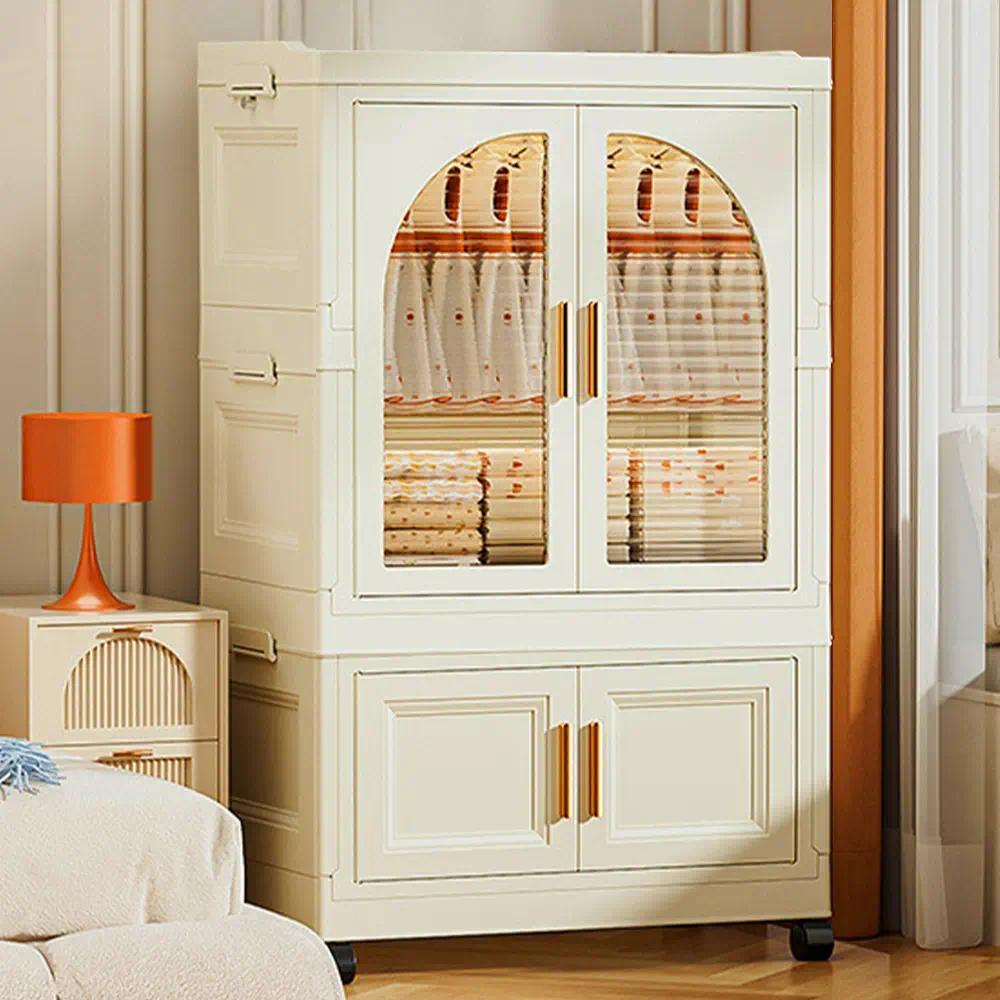 Cream White Foldable Plastic Baby Wardrobe, Kids Storage Organizer with Magnetic Doors, Transparent Panels & Lockable Wheels, Portable Clothing & Toy Storage Cabinet for Nursery & Kids Bedroom