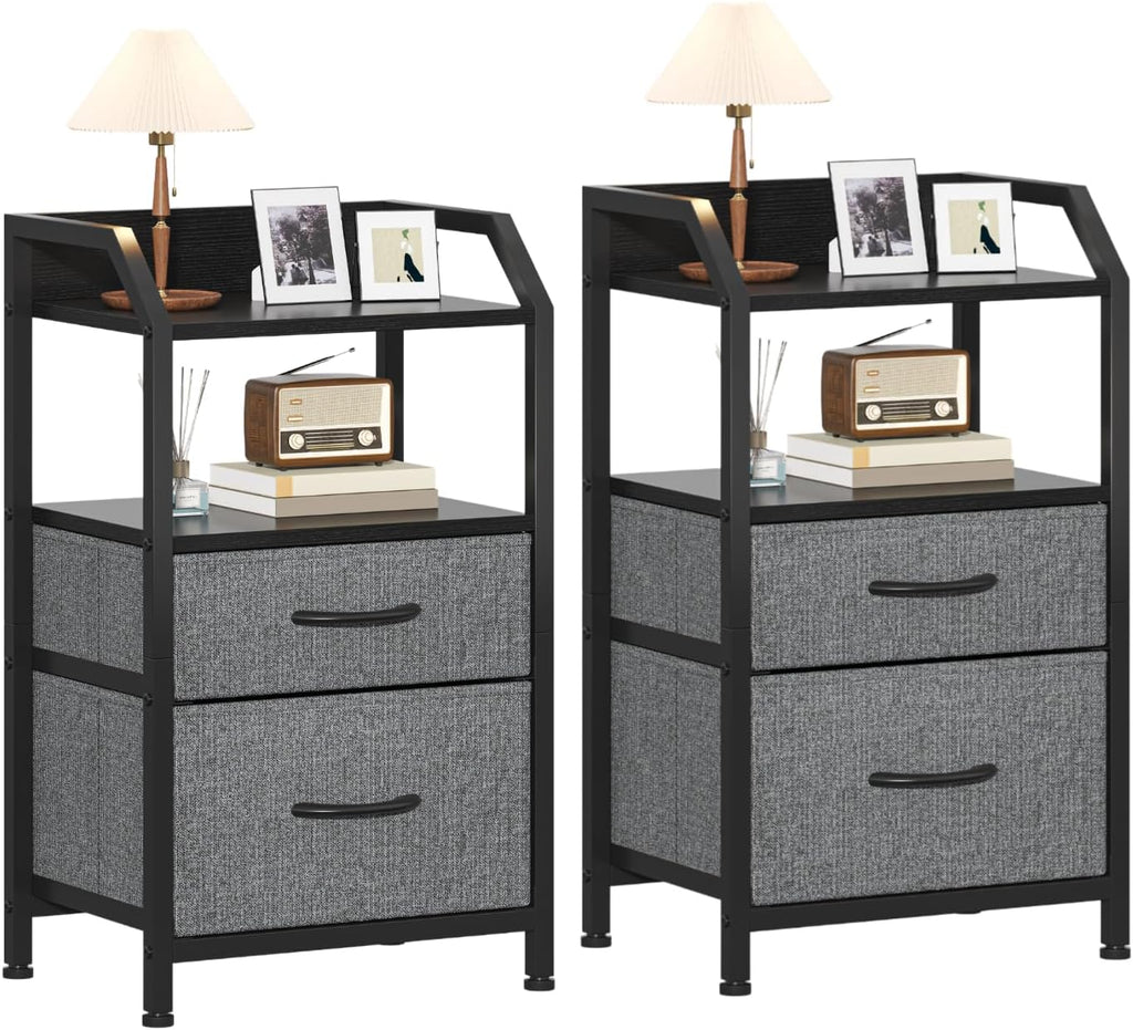 Set of 2 Rustic Industrial Nightstands, Wood and Metal Bedside Table with Drawers & 2 Open Storage Shelves, Multi-Purpose End Table Sofa Side Table, Bedside Organizer Cabinet for Bedroom Living Room Small Spaces