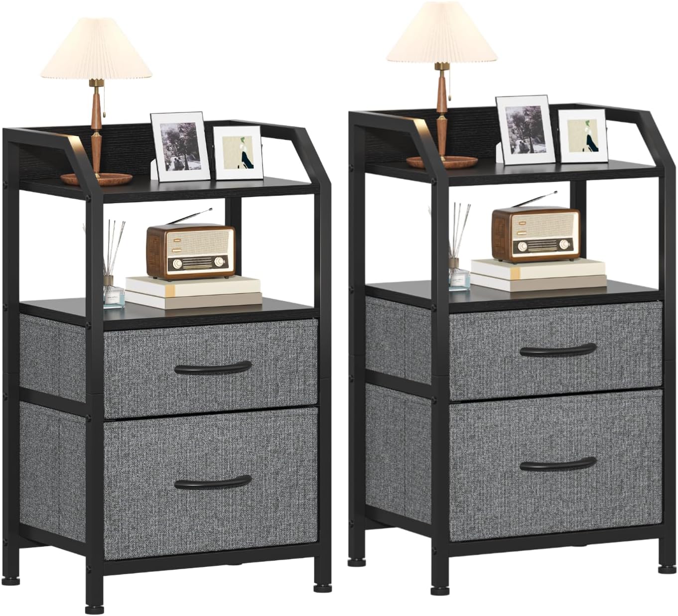 Set of 2 Rustic Industrial Nightstands, Wood and Metal Bedside Table with Drawers & 2 Open Storage Shelves, Multi-Purpose End Table Sofa Side Table, Bedside Organizer Cabinet for Bedroom Living Room Small Spaces