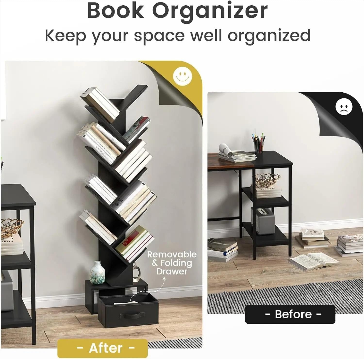 10‑Tier Tree‑Shaped Floor‑Standing Bookshelf, Wooden Narrow Book & Magazine Display Storage Shelving Unit with Foldable Fabric Drawer for Living Room Bedroom Office
