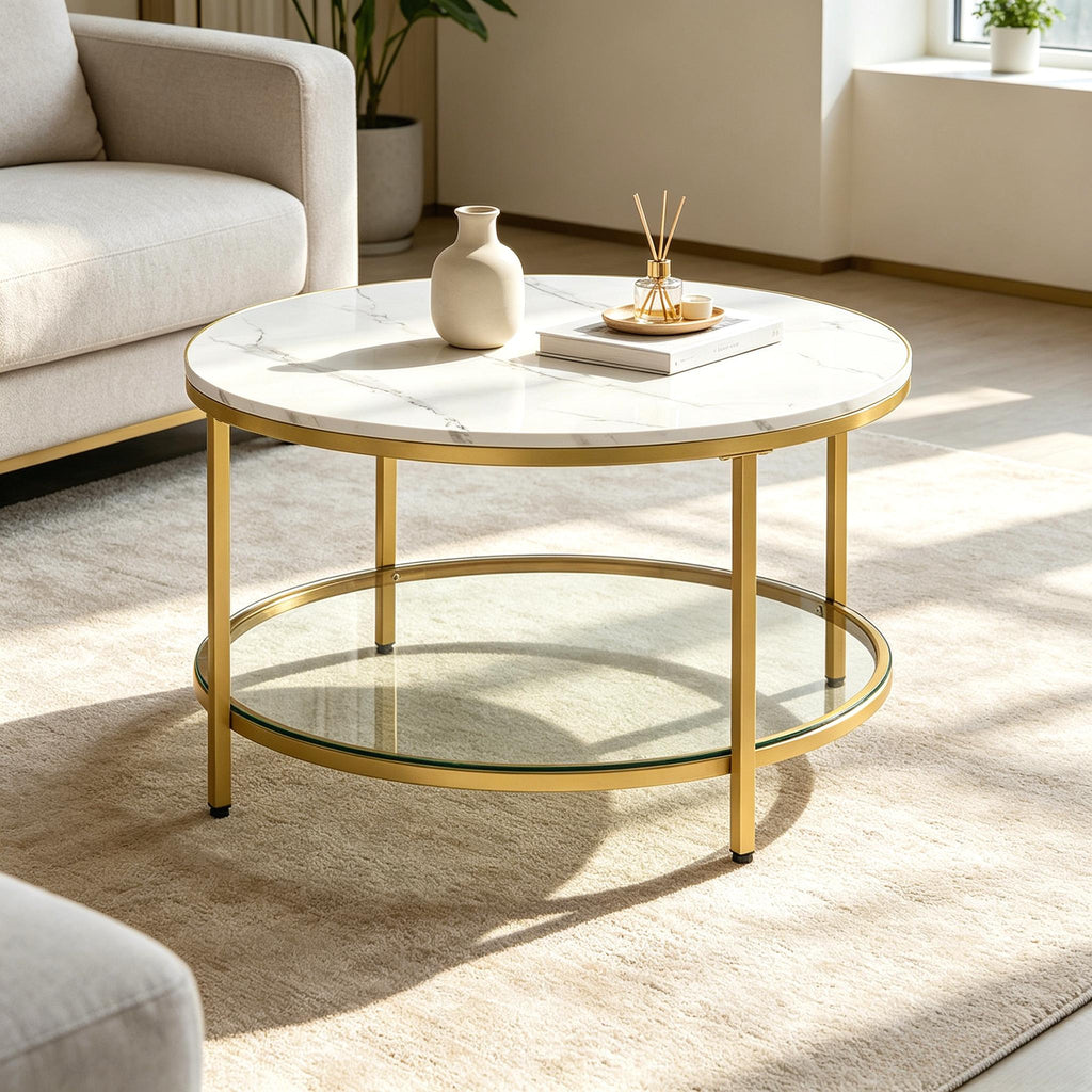 Coffee Table, Living Room Table, Sofa Cocktail Table Faux Marble Round, Tempered Glass Storage Shelf, Easy to Assemble, Modern Style, for Living Room