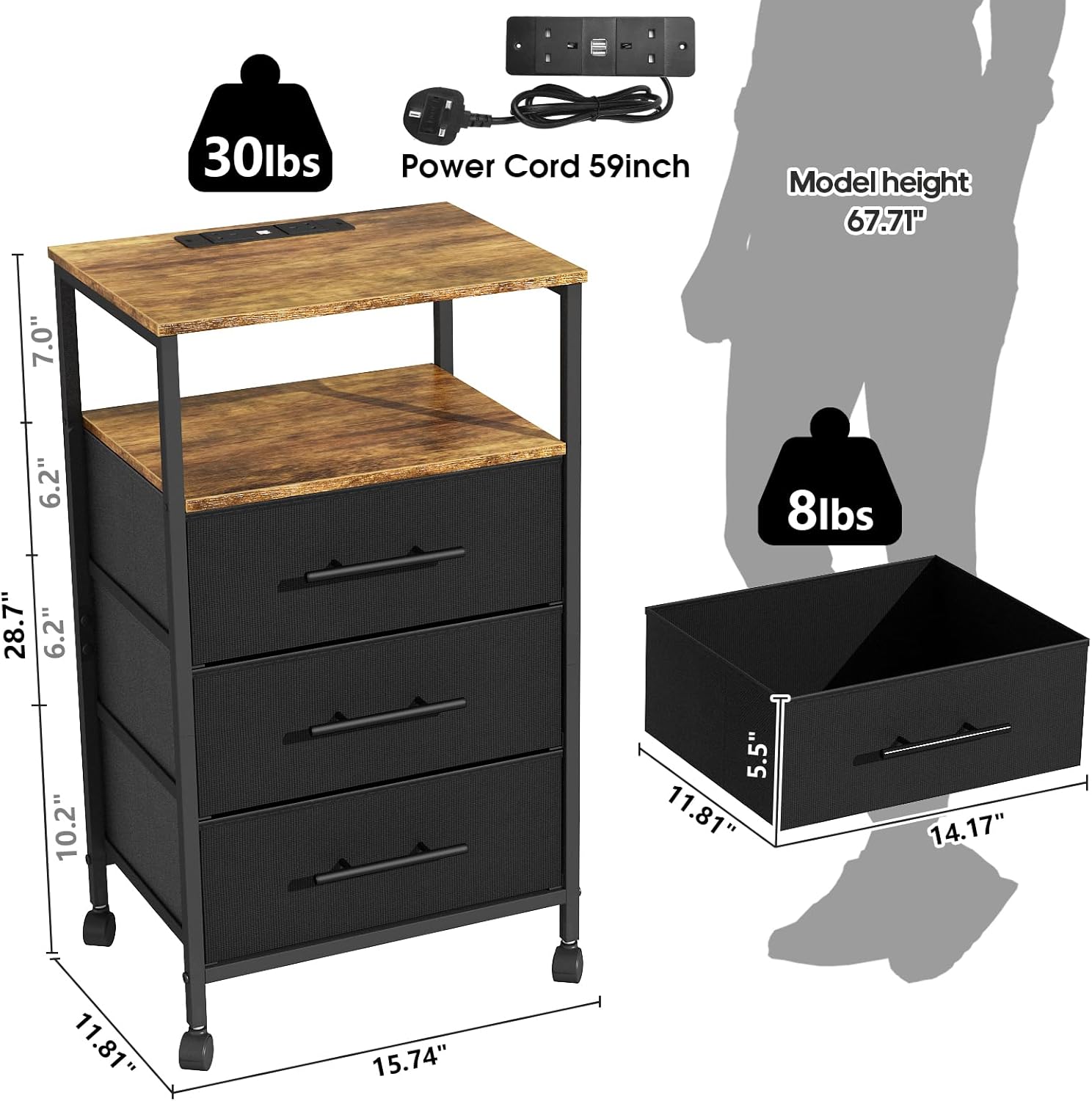 【NS】Bedside Table with Charging Station, Nightstand with 2 Outlets and 2 USB Ports,Sofa Table with 4 Castors Metal Frame and Fabric Drawers, for Bedroom Living Room (3 Drawers)